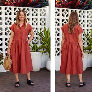 NWT MAYE Harper Shirtdress Size L Cinnamon Midi Cotton Poplin Cap Sleeve Pockets